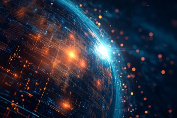 Aufkleber - Abstract Digital Earth Globe Structure with Glowing Orange Particles and Blue Gridlines