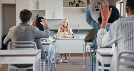 Aufkleber - Education, teacher and students with answer in classroom for academic question, problem solving or knowledge. People, educator or learners in high school with hands raised for lesson opinion or ideas