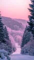 Wall Mural - Snow-covered forest path under pink sky at dawn, leading to mountains