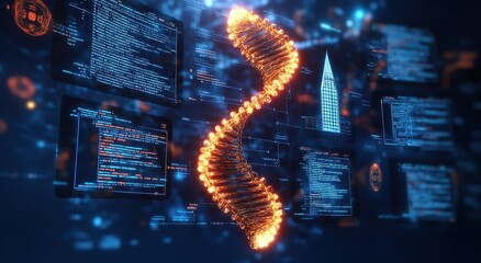 A computer screen shows a DNA strand with a building in the background