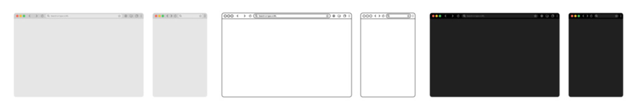 Browser window website mockup template with fill and outline stroke, featuring frames for PC, laptop, tablet, and mobile. Includes Light modes and Dark modes for UI and web design presentations.