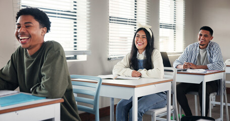 Poster - School, happy and people in classroom listening for education, lesson and learning. University, academy and men and women laugh at desk in lecture for knowledge, assignment and studying at college