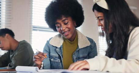 Aufkleber - Study, tutor and help with students in classroom for high school academy, future and scholarship. Entrance exams, learning and education assessment with people on campus for knowledge and solution