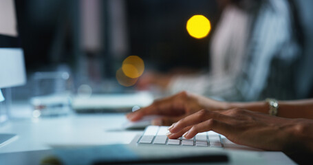 Aufkleber - Person, hands and typing with keyboard at night for research, email or communication at office desk. Closeup, journalist or reporter working late on computer for news deadline or publish at workplace