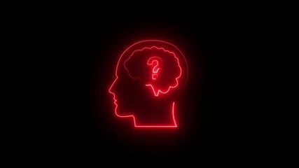 Glowing neon Human head with question mark icon isolated on black background. Outline of head with question mark inside human mind., Concept of innovation on black background.