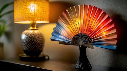 Poster - Artistic lamp and fan decor modern living room home aesthetics cozy atmosphere close-up view interior design concept