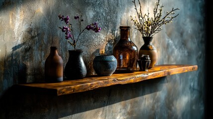 Aufkleber - Artistic display of traditional ceramics on wooden shelf in cozy interior space nature-inspired decor