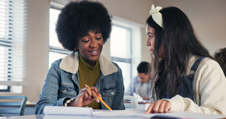 Poster - Education, help and test with people in classroom for high school academy, future and scholarship. Entrance exams, studying and learning assessment with students on campus for knowledge and tutor