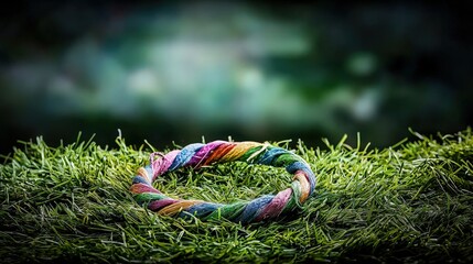 Poster - Artistic colorful rope circle on lush green grass nature photography outdoor scene close-up view