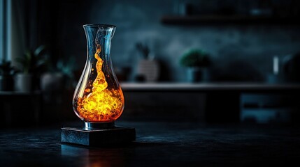 Poster - Vibrant fire-like liquid in glass vase modern kitchen photography dark environment close-up creativity