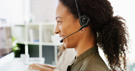 Aufkleber - Office, businesswoman and smile with headset for customer service, helping and consultation. Call center, female person and sales consultant with technology for faq, assistance and inbound support