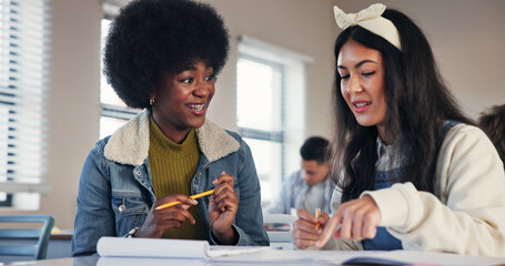 Aufkleber - Education, tutor and help with students in classroom for high school academy, future and scholarship. Entrance exams, studying and learning assessment with people on campus for knowledge and reading