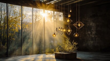 Aufkleber - Warm glow from elegant light fixtures in modern industrial space a relaxing contemporary interior design