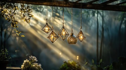 Poster - Illuminating lanterns in a forest enchanted atmosphere nature photography dreamy environment tranquil view