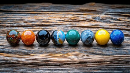 Aufkleber - Colorful natural stone eggs displayed on wooden surface close-up photography rustic aesthetic artistic view