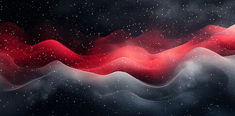 Wall Mural - red and white wavy forms create a cosmic-like abstract background with glittering particles perfect 