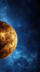 Wall Mural - dramatic close up of a golden planet in a starry blue space background evoking cosmic wonder and exp