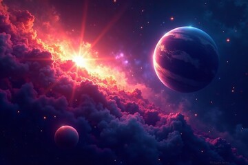colorful nebula and galaxy in outer space with glowing planets, celestial, science