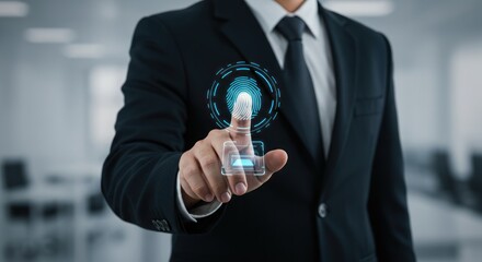 businessman in suit touches glowing digital interface in office environment.