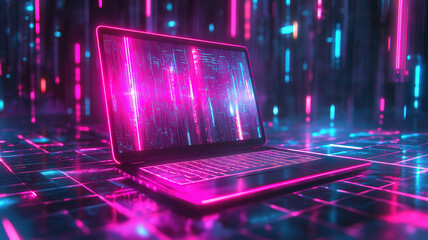 Wall Mural - neon colored laptop showcasing futuristic computer technology ideal for wallpapers and digital proje