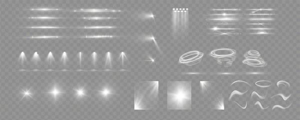 Fototapete - Light effects. Isolated white transparent light effects, glare, explosion, sparkle, dust, line, solar flare, spark and stars, spotlight, curve rotation. Sunlight, abstract special effect