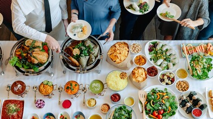 Wall Mural - buffet table with diverse dishes. people serving food. variety of salads, and appetizers. group enjo