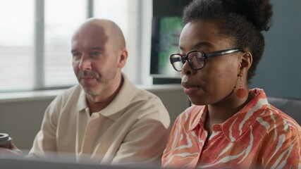 Wall Mural - side view shot of confident young african american female employee showing program on pc computer to