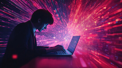 Wall Mural - abstract concept of businessman using laptop to sync business data on computer with global network