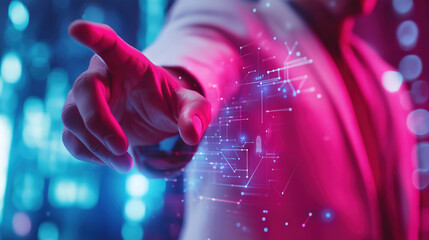 Wall Mural - businessman using his fingers to navigate and control a data network in a modern digital workspace