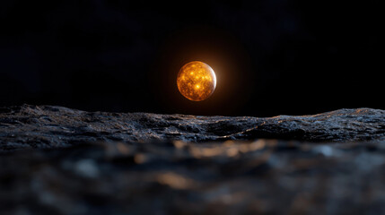 Wall Mural - a bright sun rises above a rugged lunar terrain, casting light that reflects off the rocky surface. 