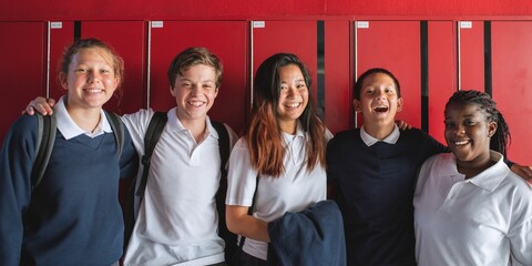 Fototapete - Group of diverse students in school uniforms smile at red school lockers. Happy diverse teens school friends, diversity in education. Group of diverse teens students in uniform smile at red locker