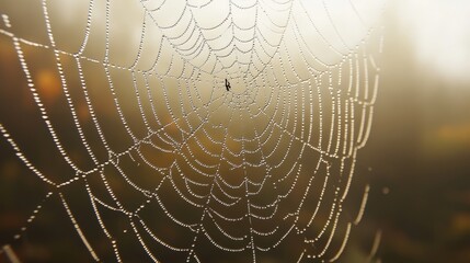 A delicate spiderweb, glistening with morning dew, stretches across a misty backdrop.