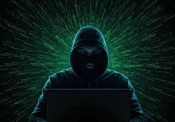 man typing on laptop with binary code background for internet security concept. cybercrime and anony