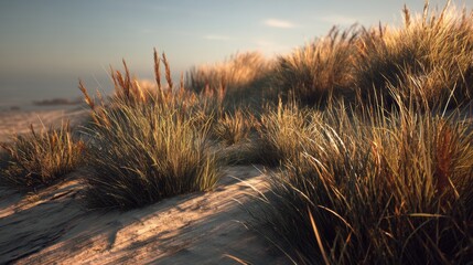 Poster - Tranquil sand dunes bathed in soft sunlight showcasing the beauty of nature through golden grasses scenic landscape