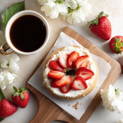 Aufkleber - Creamy Delight Bagel Topped with Fresh Strawberries Accompanied by Aromatic Coffee and Delicate White Flowers