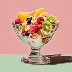 Aufkleber - Healthy breakfast delight cereal with fresh fruits displayed in elegant glass against soft pink background