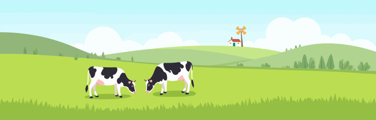 Wall Mural - Cartoon Cows Grazing in Green Pasture with Windmill House