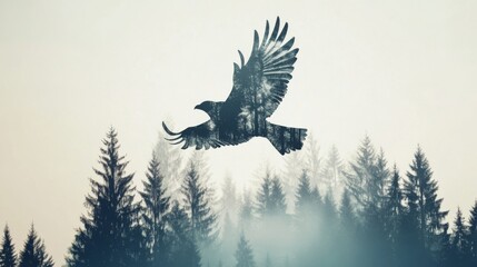 Wall Mural - double exposure of a bird flying across a sky layered with forest trees, artistic nature scene, clea