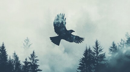 Wall Mural - double exposure of a bird flying across a sky layered with forest trees, artistic nature scene, clea