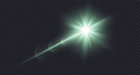 Wall Mural - Green flashlight with bokeh effect on transparent background, glowing light burst with radiant beams and lens flare effect. Green glow lens reflection template for sci-fi, tech bg.