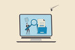 © Sector30 - File management or documents archive, computer data backup or virus scan, online cloud storage or search for files concept, businessman with magnifying glass search for file in folder computer laptop.