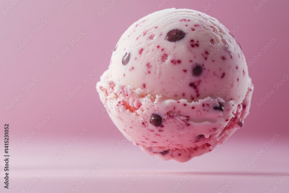 A delicious-looking scoop of ice cream with berry flavored swirls and chocolate chips
