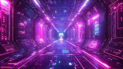 Wall Mural - neon purple, violet, and blue background with integrated network technology and printed circuit boar