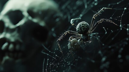 A spider with intricate patterns on its abdomen rests on a glistening web near a skull.
