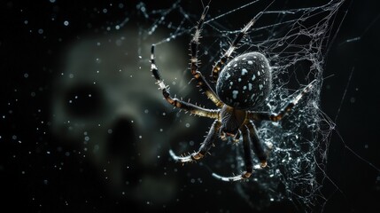 A spotted spider with intricate web against a blurred skull.