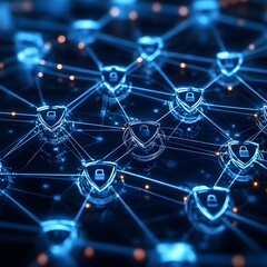 Aufkleber - Abstract digital illustration of a secure network. Futuristic Technology Backgrounds A digital illustration of a secure network system with interconnected nodes protected by shields and locks