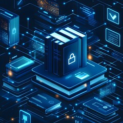 Aufkleber - Digital books secured by advanced data protection systems. Cloud library with safety measures. Futuristic Technology Backgrounds Secured Digital Library: Data Protection in the Cloud