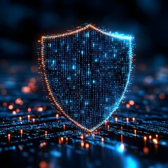 Aufkleber - A digital shield formed by glowing binary code, symbolizing cybersecurity and data protection. Futuristic Technology Backgrounds Digital Shield: Cyber Security and Data Protection