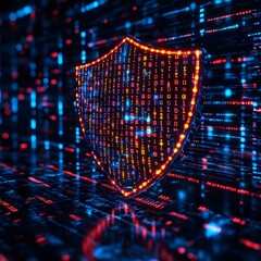 Leinwandbilder - A glowing digital shield represents cybersecurity, built from binary code, safeguarding digital assets in a dark, tech-focused environment. Futuristic Technology Backgrounds Data Protection