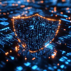 Leinwandbilder - A digital shield composed of binary code, representing cybersecurity and data protection. This image conveys security and technological advancement. Futuristic Technology Backgrounds Cybersecurity